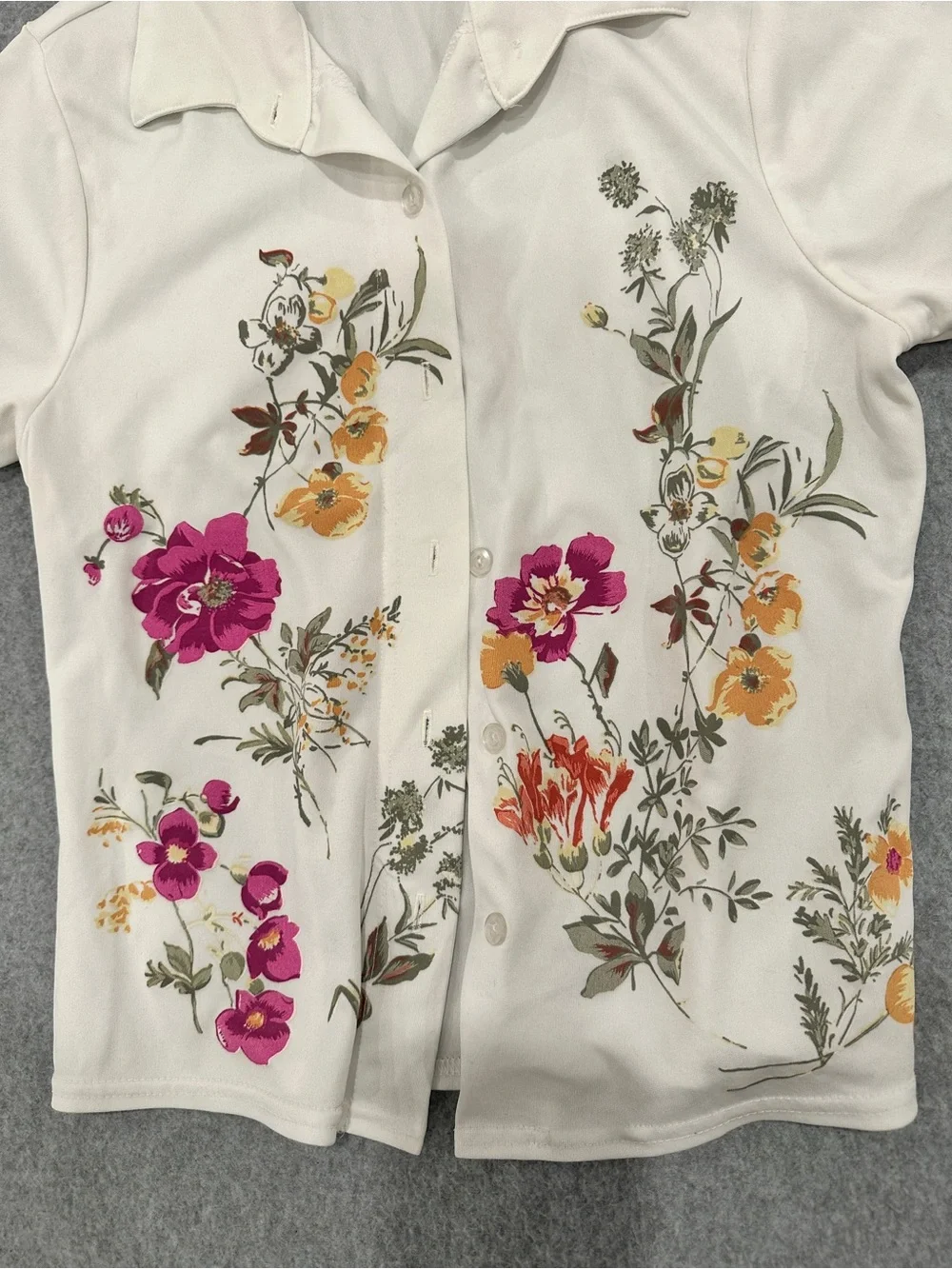 Anxiety White Button-Down Polo Shirt with Pink and Yellow Floral Print - Picture 5 of 8